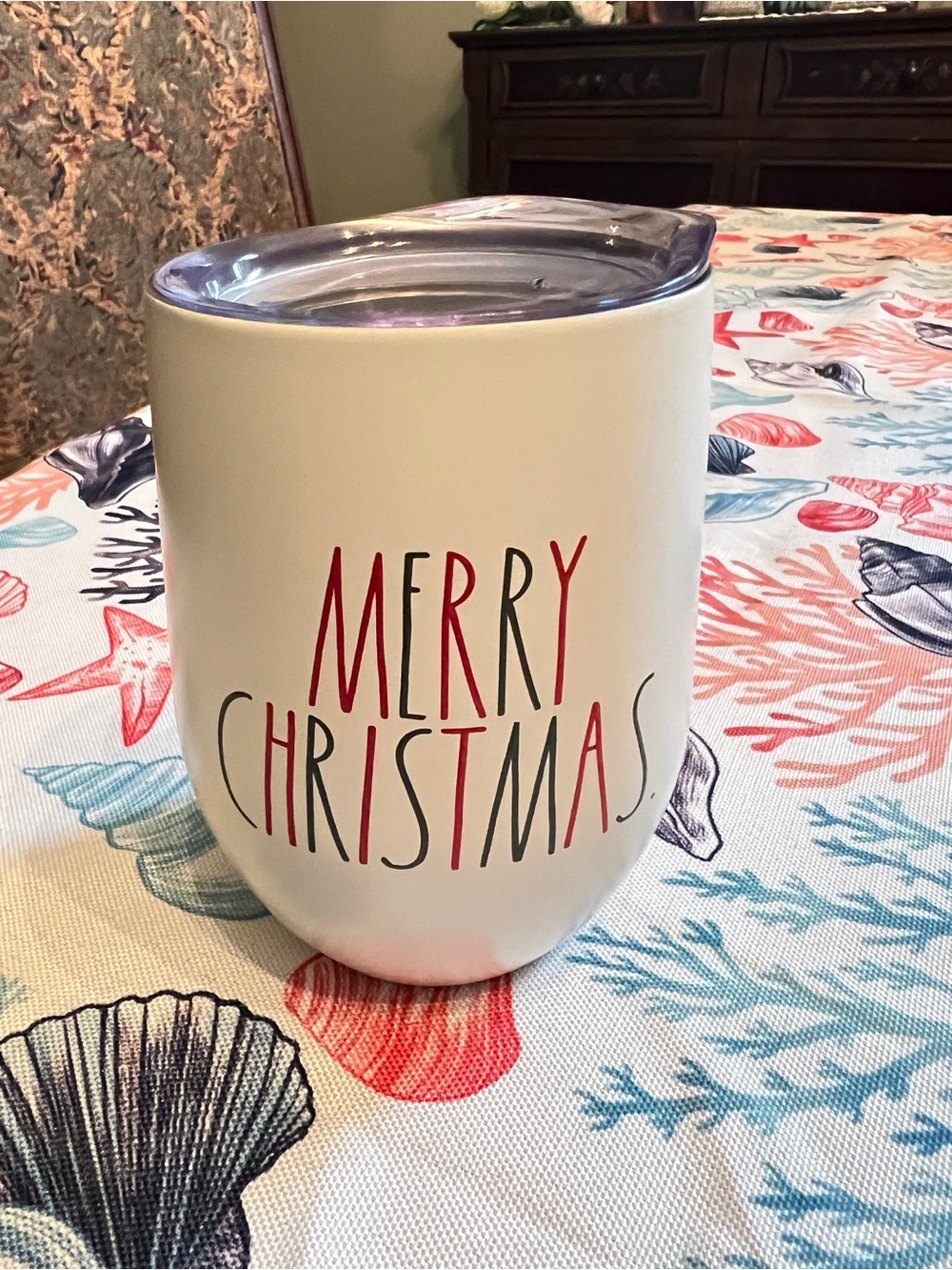 Rae Dunn Festive 'Merry Christmas' White Stainless Tumbler with Clear Lid